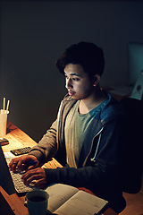 Image showing Night, serious and computer with man in office for for research, budget review and planning. Data analytics, finance and investment with employee at desk for proposal, strategy and accounting