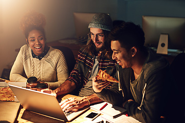 Image showing Laptop, happy collaboration and night team programming ERP software, cyber security system or html code. Eating pizza fast food, ai developer or programmer teamwork on coding cloud computing database