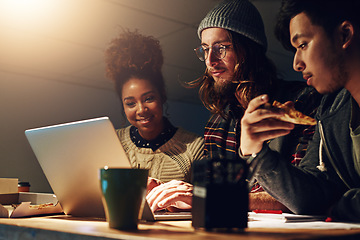 Image showing University teamwork, laptop and students working on web search for IT college, digital database research or project. Education learning, night school study or collaboration review of online analytics