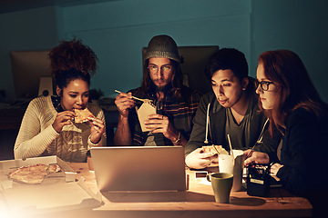 Image showing Office fast food, laptop or people teamwork on web search for college research, learning digital database or project. Pizza night, school education study or students data analysis of online analytics