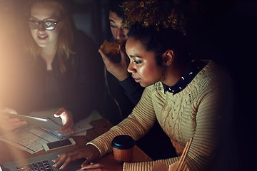 Image showing Laptop, diversity collaboration or night people programming ERP software, cyber security system or code. Information technology, ai developer or programmer teamwork on coding cloud computing database