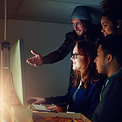 Image showing Computer, diversity and night team gesture at html code, cybersecurity system or programming app software. Information technology, developer and programmer teamwork on coding cloud computing database