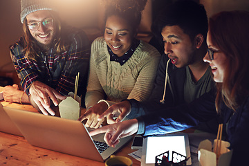 Image showing Startup business, laptop and people pointing at web design code, cloud computing software or wow app. Website SEO team, media content diversity or night teamwork collaboration on UX interface system