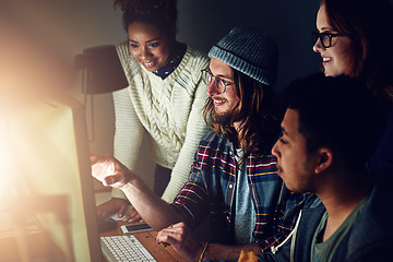 Image showing Computer, diversity teamwork or night team programming ERP software, cybersecurity system or code. Information technology, ai developer and programmer collaboration on coding cloud computing database