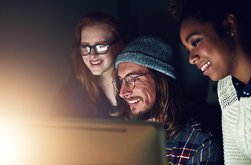 Image showing Startup, office computer and happy people reading web design code, cloud computing software or app UI system. Website SEO, social media data review or face of night team collaboration on UX interface