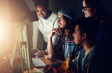 Image showing Computer, office teamwork or night team programming ERP software, cybersecurity system or programmer code. App data science, ai developer or diversity collaboration on coding cloud computing database