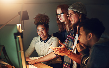 Image showing Computer, office collaboration or night team programming ERP software, cybersecurity system or programmer code. App data science, ai developer or diversity teamwork on coding cloud computing database