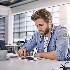 Image showing Office tablet, typing and person working on advertising data analysis, social media statistics or customer experience insight. Brand monitoring software, online research and man review web analytics