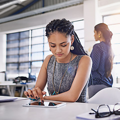 Image showing Office tablet, typing and woman work on advertising data analysis, social media statistics or customer experience insight. Brand monitoring software, online ui research or person review web analytics