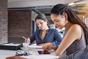 Image showing Tablet, typing and business person working on advertising data analysis, social media statistics or customer experience insight. Brand monitoring profile, research or black woman review web analytics