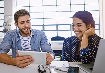 Image showing Tablet, business man and woman reading email or social media for ideas in creative project in content marketing. Internet, planning proposal for website and designer in tech startup or design agency.