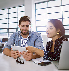 Image showing Collaboration, tablet and opinion, man and woman in office sharing idea at meeting for creative project. Teamwork, planning proposal and happy employees in discussion at tech startup or design agency