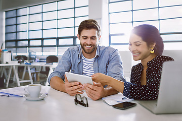 Image showing Collaboration, tablet and man with woman in reading email in creative office sharing idea or opinion at meeting. Teamwork, planning and happy employees in discussion at tech startup or design agency.