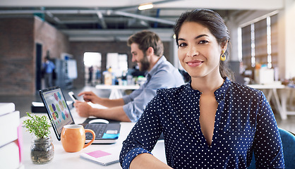 Image showing Teamwork, business and portrait of woman at desk with laptop at creative agency, working on web project together. Leadership, coworking and happy employees at design startup with smile and technology