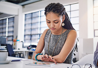 Image showing Office tablet, reading and black woman working on data analysis, social media statistics or advertising insight. Brand monitoring software, customer experience research or person review web analytics