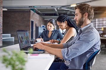 Image showing Office laptop, typing or person working on advertising data analysis, social media statistics or customer experience insight. Brand monitoring software, coworking research or man review web analytics