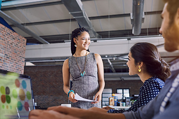 Image showing Speaker, happy and smile with black woman and presentation for planning, strategy and creative. Project management, teamwork and question with business people for learning, meeting and training