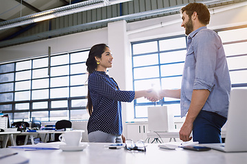 Image showing Handshake, office partnership and people happy for investment deal, b2b contract negotiation or acquisition agreement. Human resources, hiring welcome and journalist job interview with HR manager