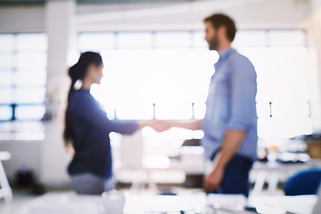 Image showing Team hand shake, office collaboration or people at investment deal, b2b contract negotiation or acquisition agreement. Human resources blur, hiring welcome or onboarding job interview with HR manager