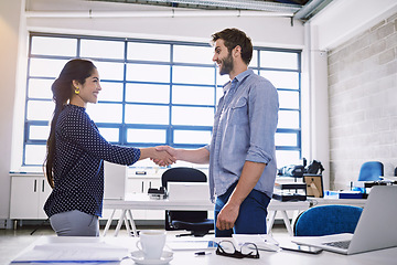 Image showing Shaking hands, business partnership or people smile for investment deal, b2b contract negotiation or acquisition agreement. Human resources, hiring welcome or onboarding job interview with HR manager