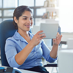 Image showing Business. office, tablet and happy woman reading financial savings report, finance budget or accounting review. Web database, feedback statistics or administration accountant working on data analysis