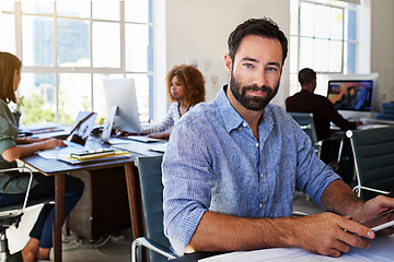 Image showing Man, tablet and office with portrait, focus and planning for web design, seo and website ux at startup. Businessman, coworking and digital touchscreen ui for online strategy, goals and brainstorming