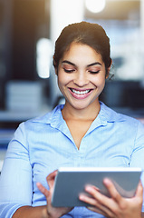 Image showing Administration office, tablet and happy woman typing financial savings report, finance budget or accounting review. Web database, feedback statistics and business accountant working on data analysis