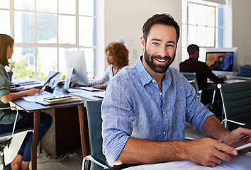 Image showing Man, tablet and office with portrait, smile and planning for web design, seo and website ux at startup. Businessman, coworking and digital touchscreen ui for online strategy, vision and brainstorming