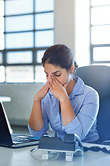 Image showing Business woman, stress and headache of a office worker feeling fatigue from tax project. Audit anxiety, online work and burnout of a Indian female working on a laptop with a 404 problem from web