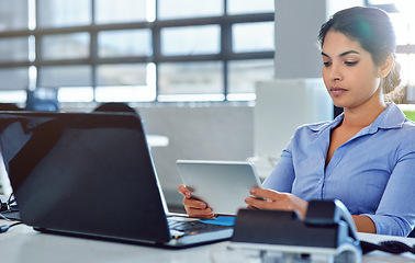 Image showing Administration office, tablet and woman focus on reading financial savings, digital finance budget or accounting review. Company database, data analysis and business accountant working on statistics