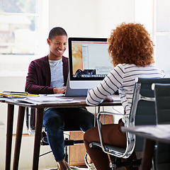 Image showing Business, black man and woman in office, typing and focus for new project, review and advertising agency. Creative, male employee and female consultant with computer, report or search online for info