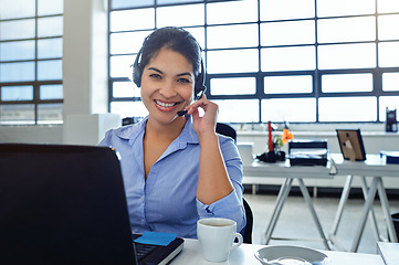 Image showing Call center, woman and portrait for customer service, laptop help desk and sales receptionist. Happy telemarketing agent smile for communication, business consulting and expert telecom administration