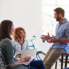 Image showing Training manager, coaching and business people fir startup ideas, planning and strategy for workflow management. Professional man, mentor or boss leadership, speaking and talking of internship advice