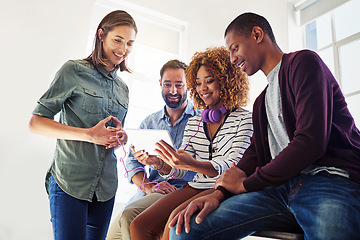 Image showing Tablet, internet and happy business people in office streaming online, website and social media meme. Communication, work startup and workers on digital tech for network, watching videos and research