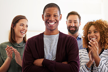 Image showing Success, applause and portrait of black man in office for celebration, teamwork and achievement. Support, happy and smile with business people for motivation, appreciation and winner in startup