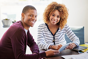 Image showing Business people, tablet and teamwork portrait of team in office for planning, strategy or ideas. Black woman and man smile at desk with mobile app for online project, collaboration and mentor advice