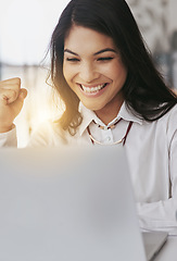 Image showing Laptop, winning and business woman with fist pump for online success, stock market trading and target celebration. Winner, yes and excited professional person on email promotion, lottery or good news