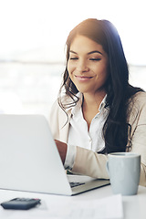 Image showing Business woman, laptop and smile in office with vision, internet research and strategy for goals. Young executive, computer and brainstorming for ux ideas, success and website management in workplace