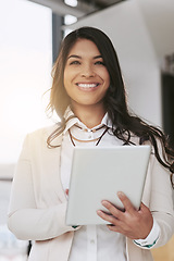 Image showing Business woman, tablet and happy in portrait at office for web design, seo and app for planning. Digital entrepreneur, mobile touchscreen ui and smile in workplace for goals, motivation and success