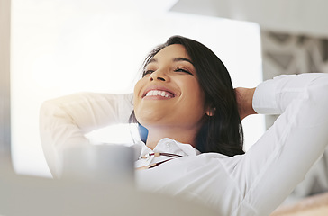 Image showing Relax, smile and business woman rest in office complete, done and finished with online project on laptop. Productivity, happy and female worker calm after working on computer, typing email or task