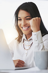 Image showing Winning, laptop and business woman with fist pump for online success, stock market trading and target celebration. Winner, yes and excited professional person on email promotion, lottery or good news