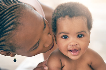 Image showing Mother with baby, face and hug with family, content and bonding with love and early childhood, female and happiness. Black woman, mom holding child with parenting, motherhood and cuddle with care