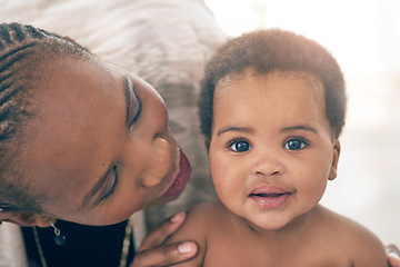 Image showing Black woman with baby, face and love with family, content and bonding with early childhood and happiness. African female, mother holding child with parenting, motherhood and cuddle with care