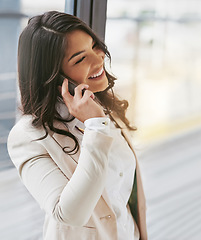 Image showing Business woman, phone call and networking with communication and deal negotiation, b2b and smile. Company contact, connectivity and happy female, chat on mobile and talking with work and employee