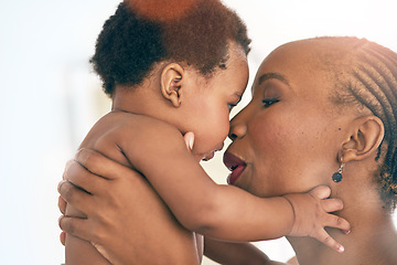Image showing Happy, touch and nose with mother and baby for bonding, affectionate and connection in family home. Kindness, happiness and smile with black woman holding child for positive, growth and support