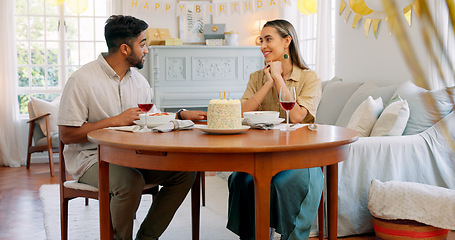 Image showing Birthday cake, celebration and wine with couple hug, love and date together in home living room together. Happy, diversity and happy birthday people celebrate at home for life, dessert and alcohol