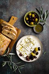 Image showing Feta cheese, olives and ciabatta, top view