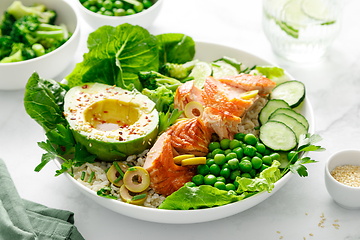 Image showing Salmon avocado bowl with broccoli, green peas, rice and fresh salad. Healthy food, top view