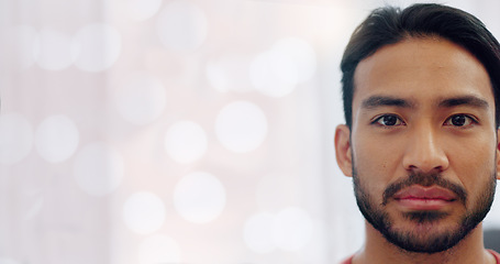 Image showing Man, eye and vision of face and smile in focus with teeth against a white mockup background. Portrait closeup of young happy male smiling in half facial expression and copy space for text