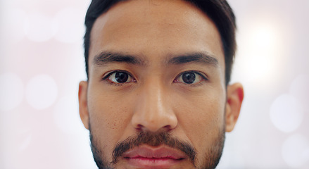 Image showing Man, eyes and anxiety portrait with thinking face for fear, doubt and fail thoughts in mind. Isolated young male with mental health problem and trauma has horror flashback of bad memory.